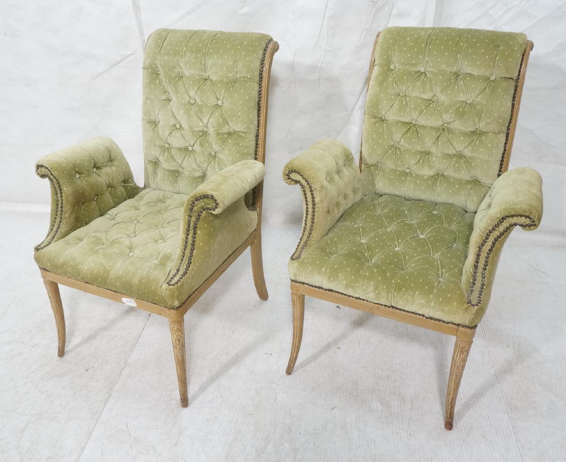 Pr Decorator Tufted Velvet Arm Chairs. Tall backs: Pr Decorator Tufted Velvet Arm Chairs. Tall backs with carved wood sides, rolled upholstered arms with stud trim.-- Dimensions: H: 39 inches: W: 27.25 inches: D: 28.5 inches ---