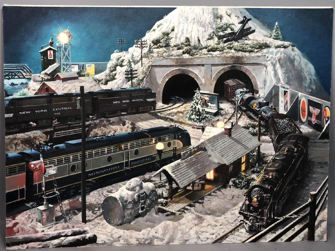 TONY FACHEN Illustration Oil Painting. Model trai: TONY FACHEN Illustration Oil Painting. Model train set up in winter. Signed and dated 95. Oil on canvas board Not framed-- Dimensions: Image Size: H: 20.25 inches: W: 27.75 inches --- US Shipping char