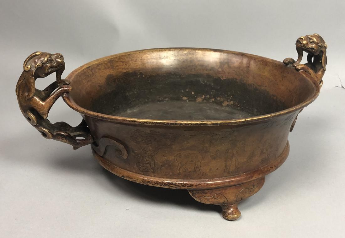Handled Bronze Asian Low Bowl. Figural bearded be (1 of 10)