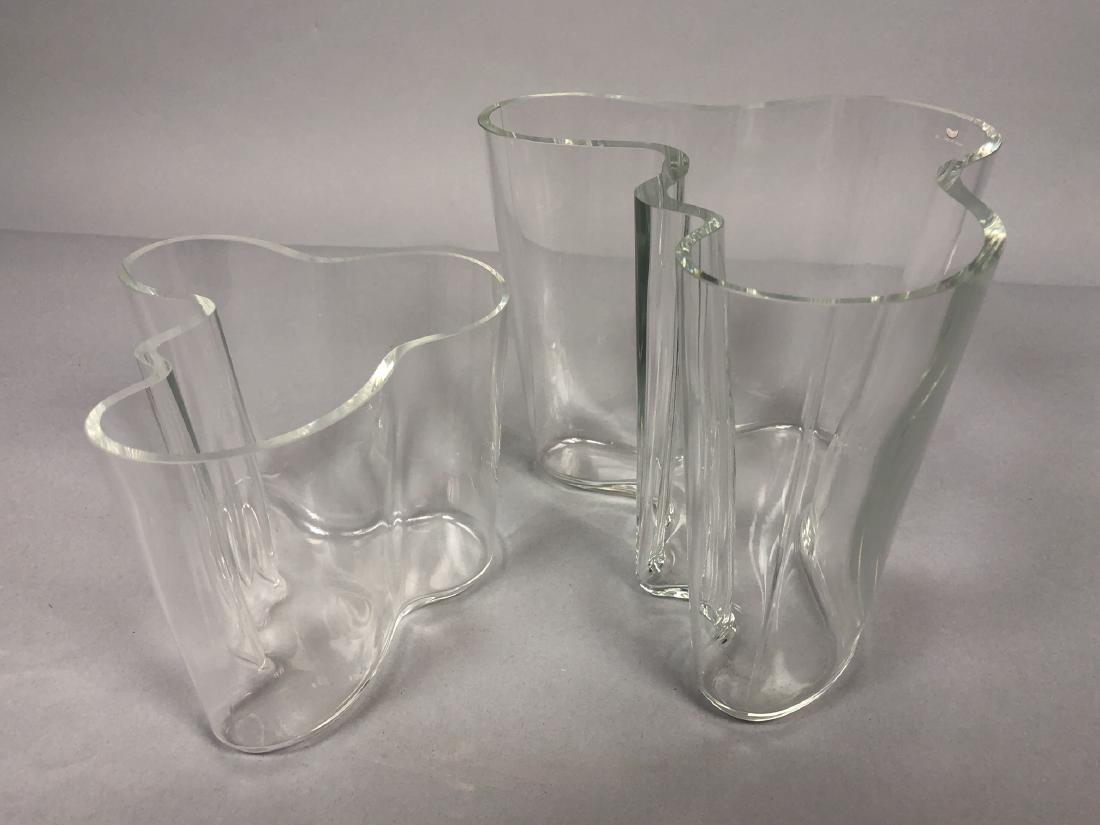 Pr ALVAR AALTO Iittala Freeform Modernist Vases.: Pr ALVAR AALTO Iittala Freeform Modernist Vases. Clear glass, graduated heights. Both marked.-- Dimensions: H: 6.25 inches: W: 8 inches: D: 7.5 inches --- US Shipping charge: $50