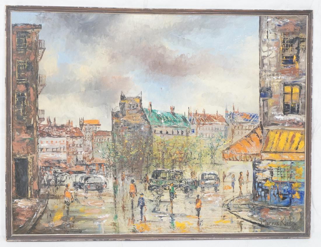 MORRIS KATZ Modernist European Street Scene Paint: MORRIS KATZ Modernist European Street Scene Painting. Urban area with pedestrians and traffic. -- Dimensions: H: 37.5 inches: W: 44.5 inches ---