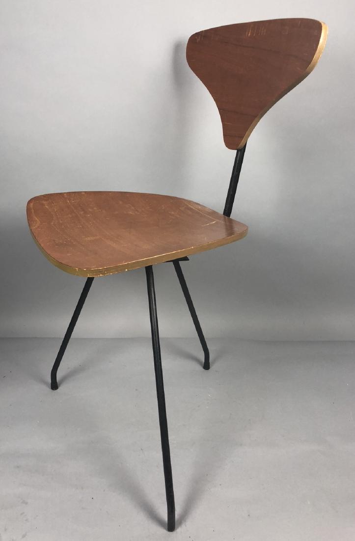 Modernist Conover Style Plywood Side Chair. Plywo: Modernist Conover Style Plywood Side Chair. Plywood seat and shaped back with olive paint trim. Black iron frame and 3 shaped legs. Swivels.-- Dimensions: H: 30.5 inches: W: 18.5 inches: D: 18.5 inche