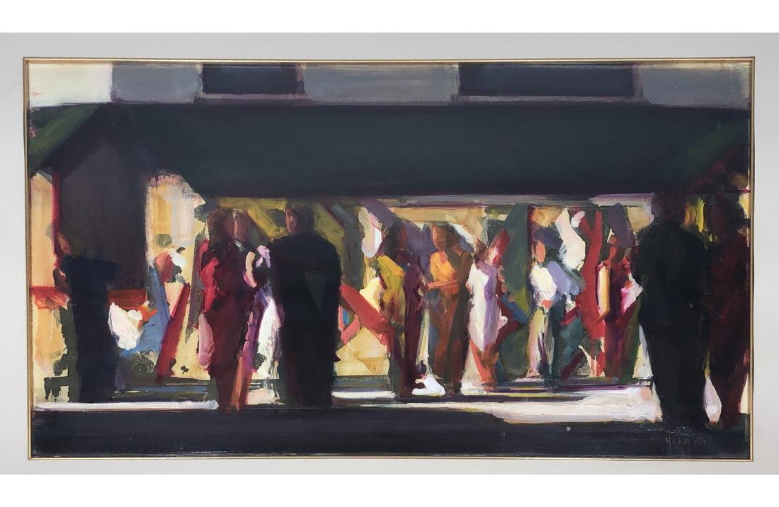 Modernist Impressionist Oil Painting. Impressioni: Modernist Impressionist Oil Painting. Impressionist people in front of building. Signed B. Mitchell 1995. Framed and matted under plexi. Gilt frame.-- Dimensions: Image Size: H: 17 inches: W: 28 inche