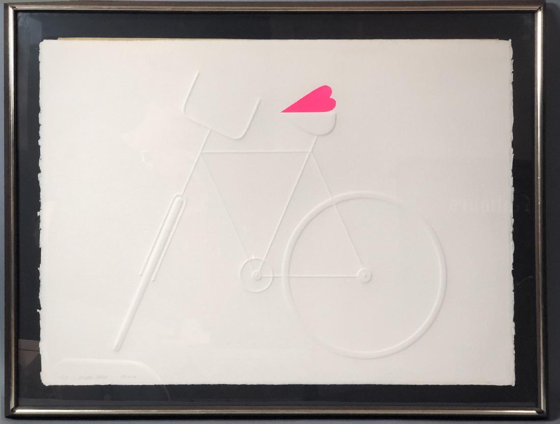 Artist Proof OMAR RAYO "Bicycle" Pulp Paper Impre: Artist Proof OMAR RAYO "Bicycle" Pulp Paper Impressed Image of Bicycle with Heart seat. Pencil Signed.-- Dimensions: Image Size: H: 22 inches: W: 30.5 inches ---