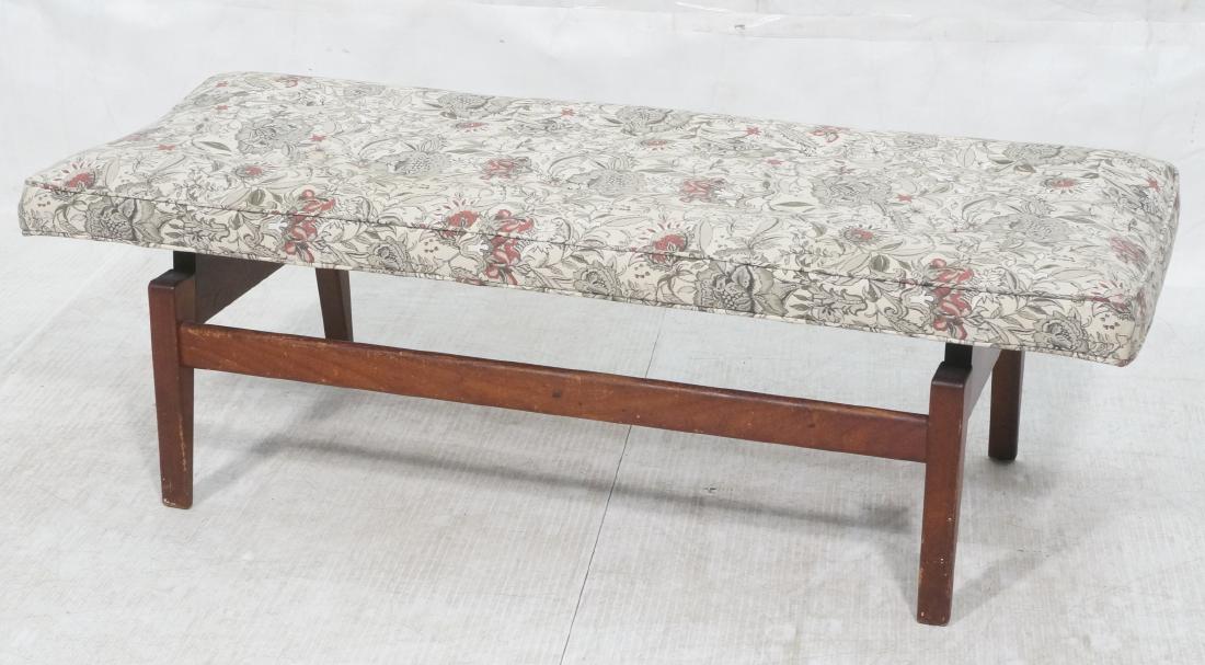 JENS RISOM American Modern Bench Seat. Dark stain: JENS RISOM American Modern Bench Seat. Dark stained wood base, stretchers. Tapestry upholstery seat. Jens Risom Label.-- Dimensions: H: 16 inches: W: 48 inches: D: 18.5 inches ---