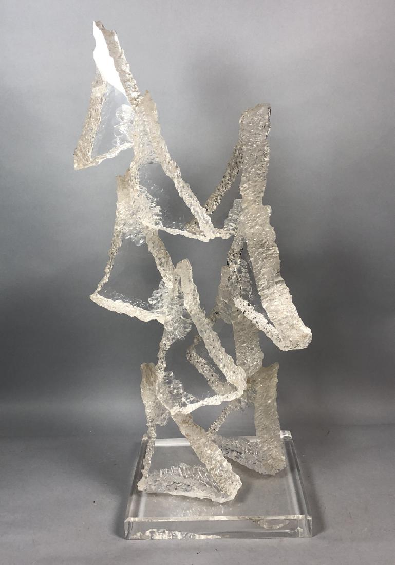 VAN TEAL Chipped Lucite Modernist Table Sculpture: VAN TEAL Chipped Lucite Modernist Table Sculpture. Chipped triangular lucite forms 2 trays. Base signed Van Teal. -- Dimensions: H: 32 inches: W: 15.75 inches: D: 12 inches ---