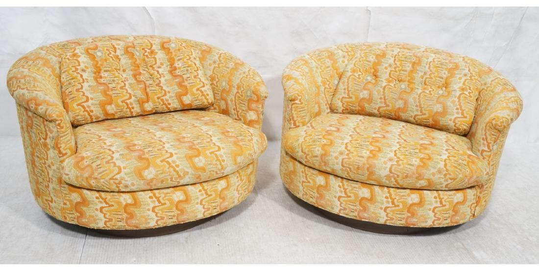Pr SELIG Round Swivel Lounge Chairs. Orange yello: Pr SELIG Round Swivel Lounge Chairs. Orange yellow tapestry fabric, walnut base. Selig Imperial label. -- Dimensions: H: 26 inches: W: 40 inches: D: 40 inches ---