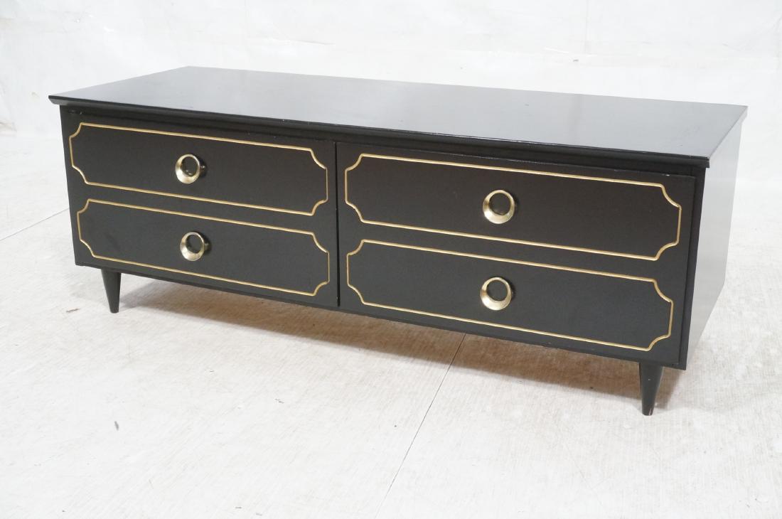 DOROTHY DRAPER Style Ebonized Decorator Low Chest: DOROTHY DRAPER Style Ebonized Decorator Low Chest. Metal ring pulls. Gilt panel details. Low table useful to hold big flat screen TV-- Dimensions: H: 17.5 inches: W: 48 inches: D: 18 inches ---