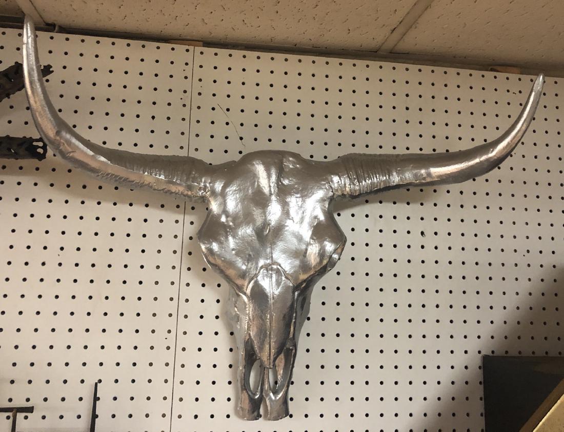 Silvered Metal Large Bull Skull Wall Sculpture. P (1 of 5)