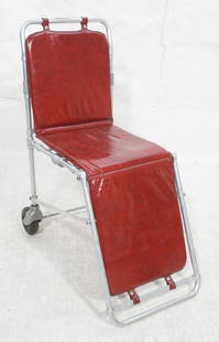 Industrial Aluminum Warren MacArthur style Chair.: Industrial Aluminum Warren MacArthur style Chair. Folding emergency rescue chair with burgundy vinyl cushion. Gray web straps. Washington Inc Label-- Dimensions: H: 37 inches: W: 18.25 inches: D: 31 i