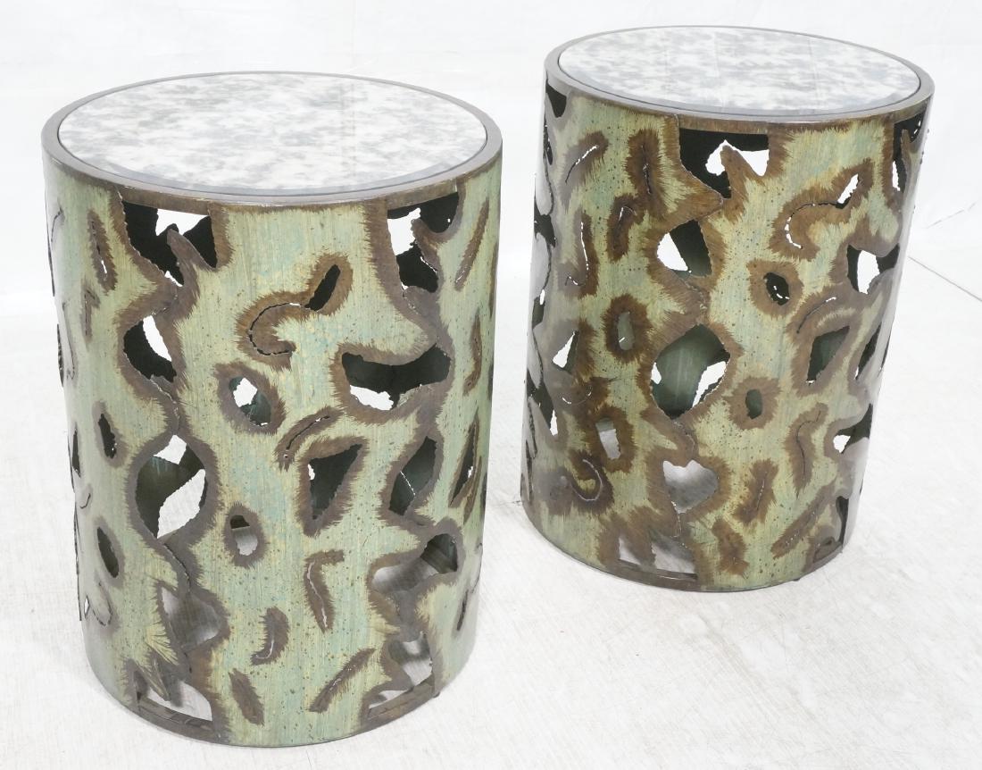 Pr Brutalist Metal Drum Tables w Mirrored Glass T (1 of 8)