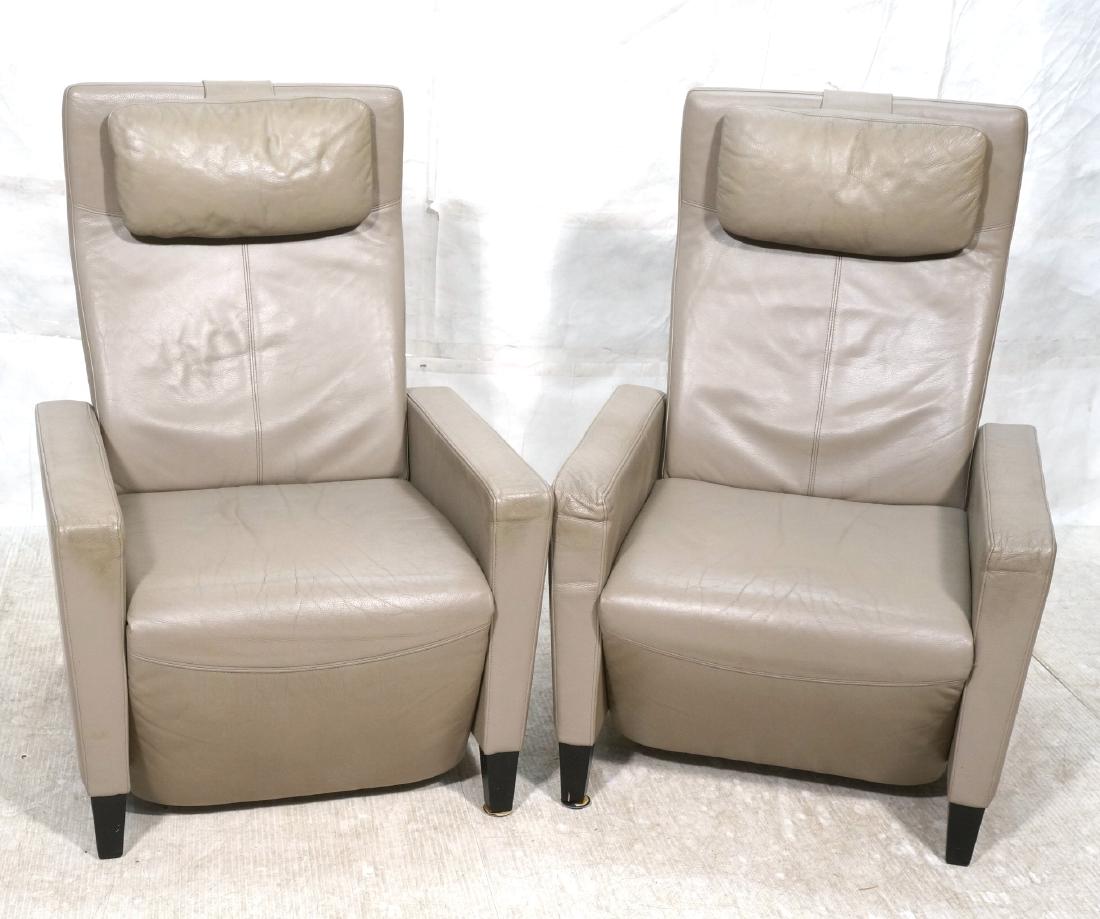 Pr KNOLL Taupe Leather Modernist Lounge Chair Rec: Pr KNOLL Taupe Leather Modernist Lounge Chair Recliners. Low profile arms on tapered ebonized wood legs. Separate leather head rest.-- Dimensions: H: 43.5 inches: W: 30 inches: D: 41 inches ---