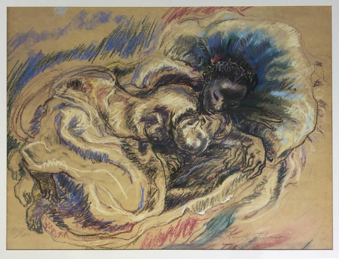 ELLEN POWELL-TIBERINO RECLINING NUDE - Signed low: ELLEN POWELL-TIBERINO RECLINING NUDE - Signed lower right - Numbered 147/400, lower left - Colored print - Framed, matted and glazed - 20 x 24 in. (sight) - -- Dimensions: ---