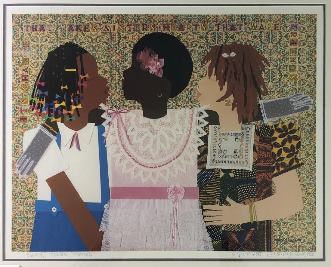 VARNETTE HONEYWOOD (AMERICAN, - 1950-2010) 1986 ": VARNETTE HONEYWOOD (AMERICAN, - 1950-2010) 1986 "HEARTS MAKE FRIENDS" - Pencil signed lower right ÒVarnette P. - Honeywood, 1986Ó - Facsimile - Framed, matted, and glazed - 32 x 36 in. (sight) - PRO