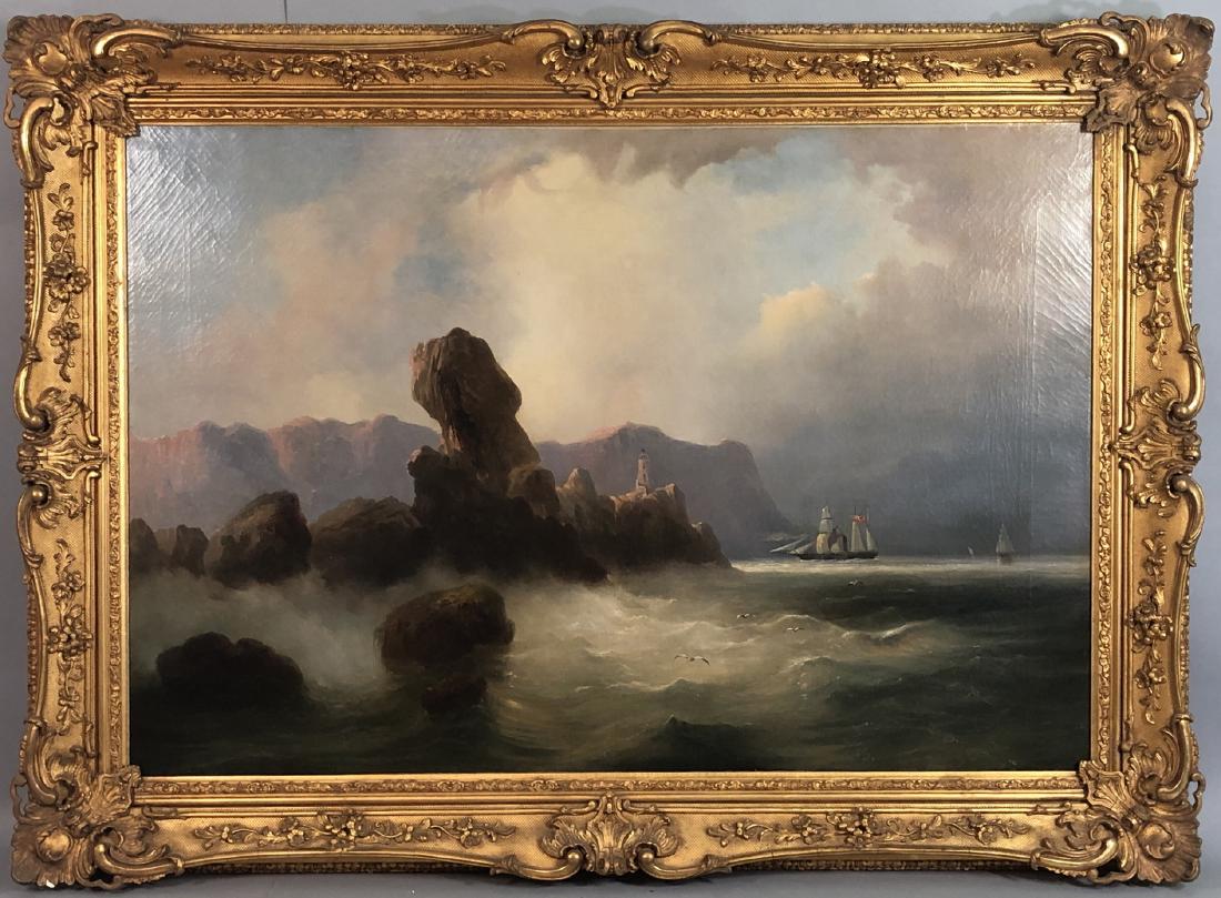 ERNEST FINKERNAGEL (GERMAN, - ACTIVE 1837-1851) -: ERNEST FINKERNAGEL (GERMAN, - ACTIVE 1837-1851) - "WINDY PASSAGE" - Harbor scene with sailboat - Signed lower left - Canvas indistinctly stamped verso - "...London..." - Oil on Canvas - Carved gilt fr