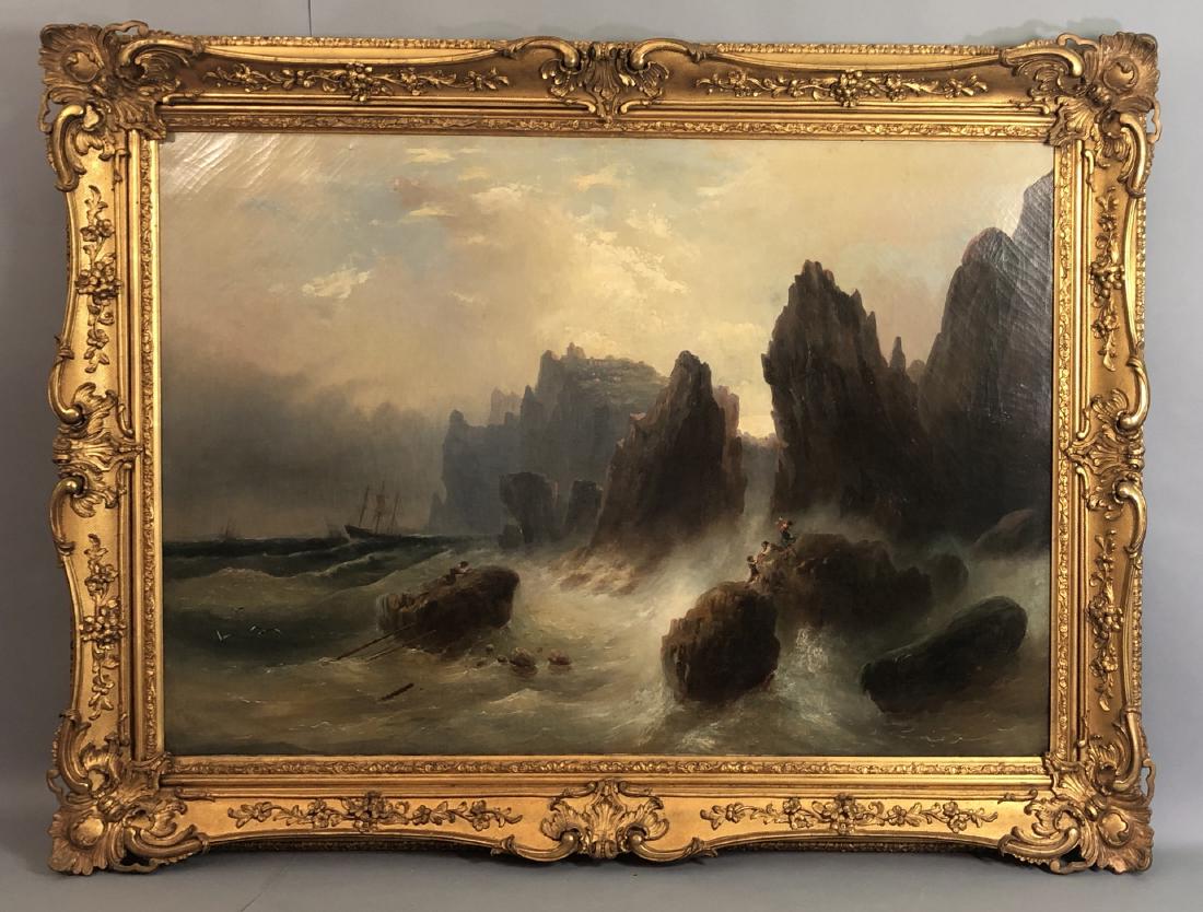 ERNEST FINKERNAGEL (GERMAN, - ACTIVE 1837-1851) -: ERNEST FINKERNAGEL (GERMAN, - ACTIVE 1837-1851) - "WINDY SEA" - Stormy harbor scene - Canvas indistinctly stamped verso - Oil on canvas - Gilt frame - 28 1-2 x 42 in. (sight) - CONDITION: - Craquelure