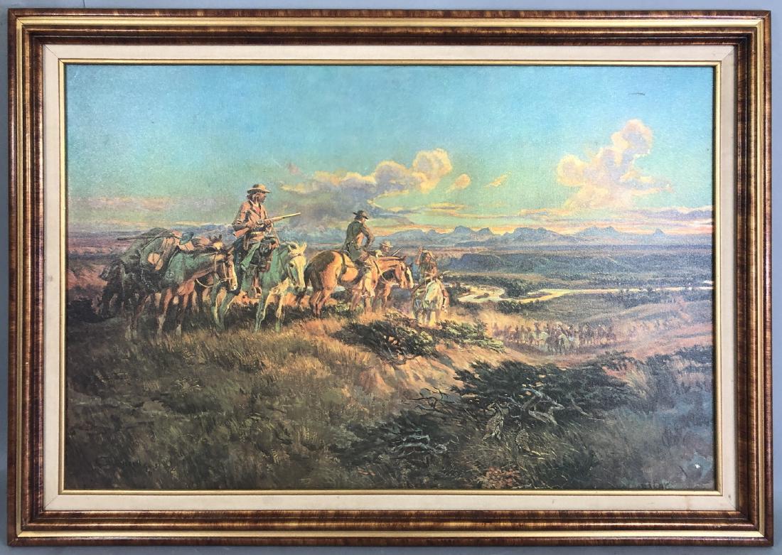 AFTER CHARLES MARION RUSSELL - (AMERICAN, 1864-19: AFTER CHARLES MARION RUSSELL - (AMERICAN, 1864-1926) - "WHERE GUNS WERE THEIR PASSPORTS" - Signed lower left - GiclŽe on canvas - Framed - 23 x 35 1/2 in. (sight) - -- Dimensions: ---