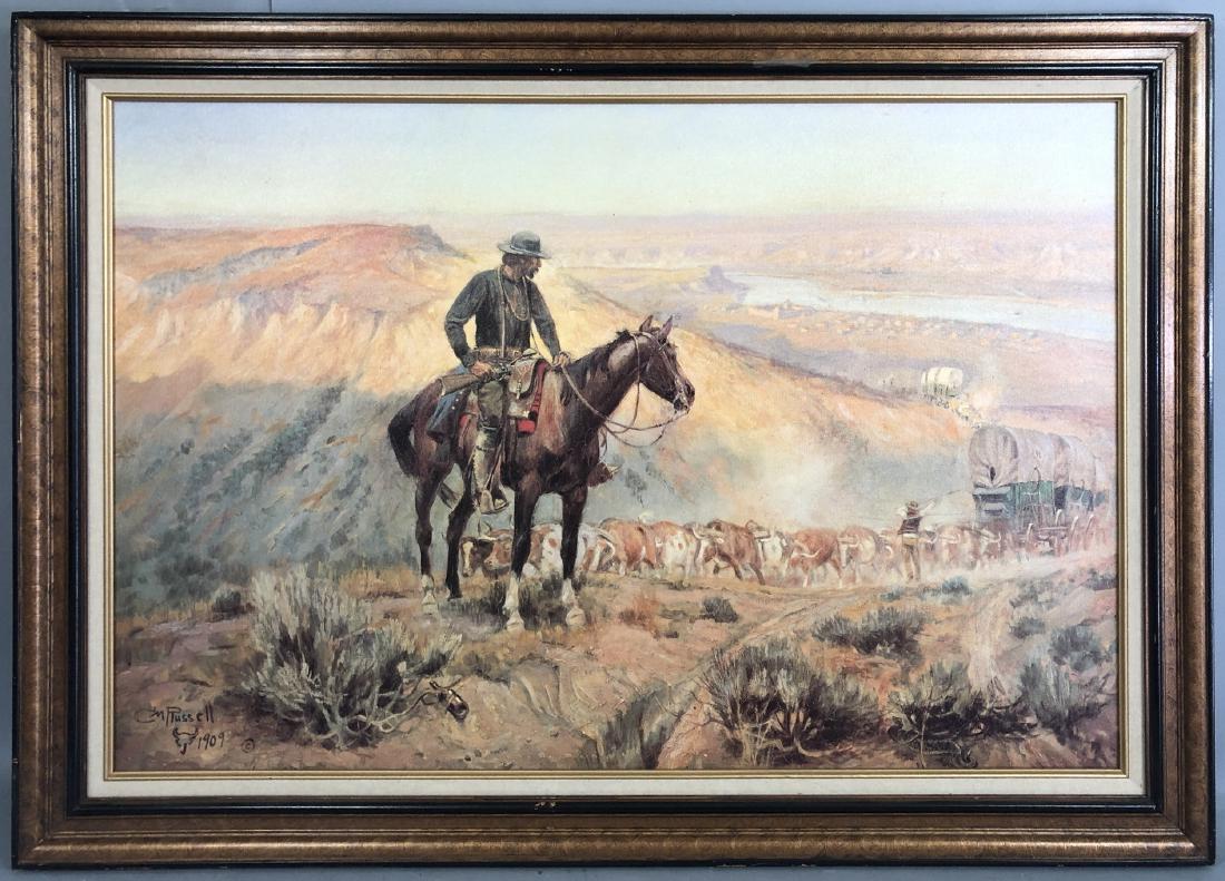 AFTER CHARLES MARION RUSSELL - (AMERICAN, 1864-19: AFTER CHARLES MARION RUSSELL - (AMERICAN, 1864-1926) - 1909 - "THE WAGON BOSS" - Signed and dated lower left - GiclŽe on canvas - Framed - 23 1/2 x 35 1/2 in. (sight) - -- Dimensions: ---
