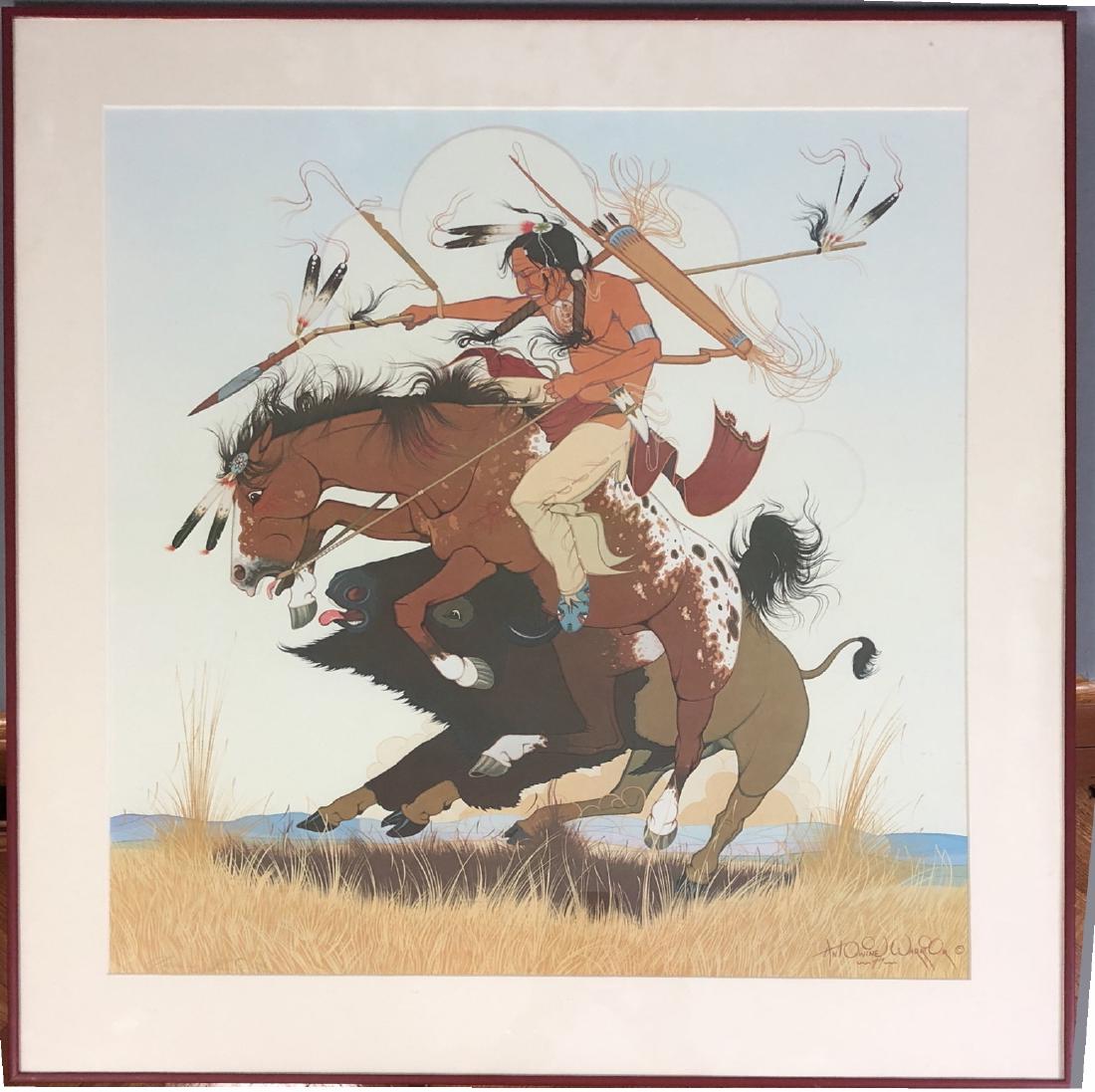 ANTOWINE WARRIOR - NATIVE AMERICAN WITH BRONCO -: ANTOWINE WARRIOR - NATIVE AMERICAN WITH BRONCO - Signed and numbered 765/950 - Facsimile - Framed, matted, and glazed - 24 1/2 x 22 1/4 in. (sight) - -- Dimensions: ---