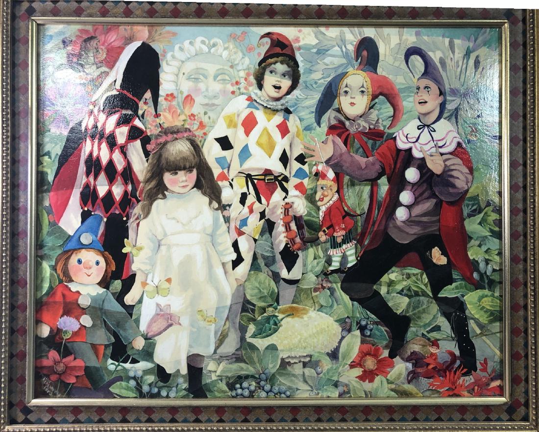 PHYLLIS LONDRAVILLE (AMERICAN, - 1920-2002) - 198: PHYLLIS LONDRAVILLE (AMERICAN, - 1920-2002) - 1983 - "ONCE THERE WAS AN APRIL SONG, - TO RIDE WITH THE HARLEQUIN - HORSEMENÓ and FIGURAL COLLAGE - WITH FLOWERS - Signed lower left and dated - Oil on