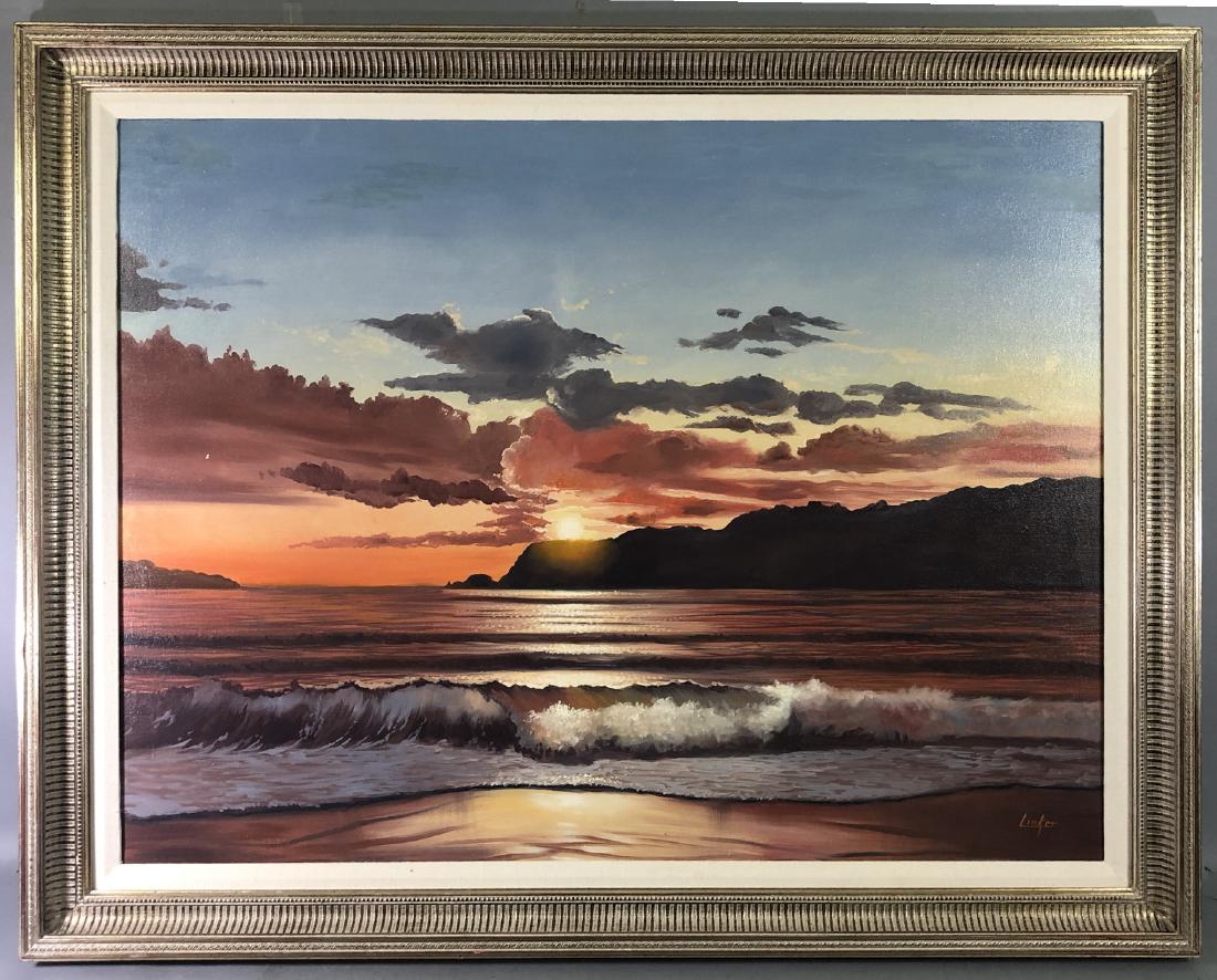 TOM LINKER SUNSET SEASCAPE - Signed lower right: TOM LINKER SUNSET SEASCAPE - Signed lower right - Oil on canvas - Framed with liner - 29 x 40 in. (sight) - -- Dimensions: ---