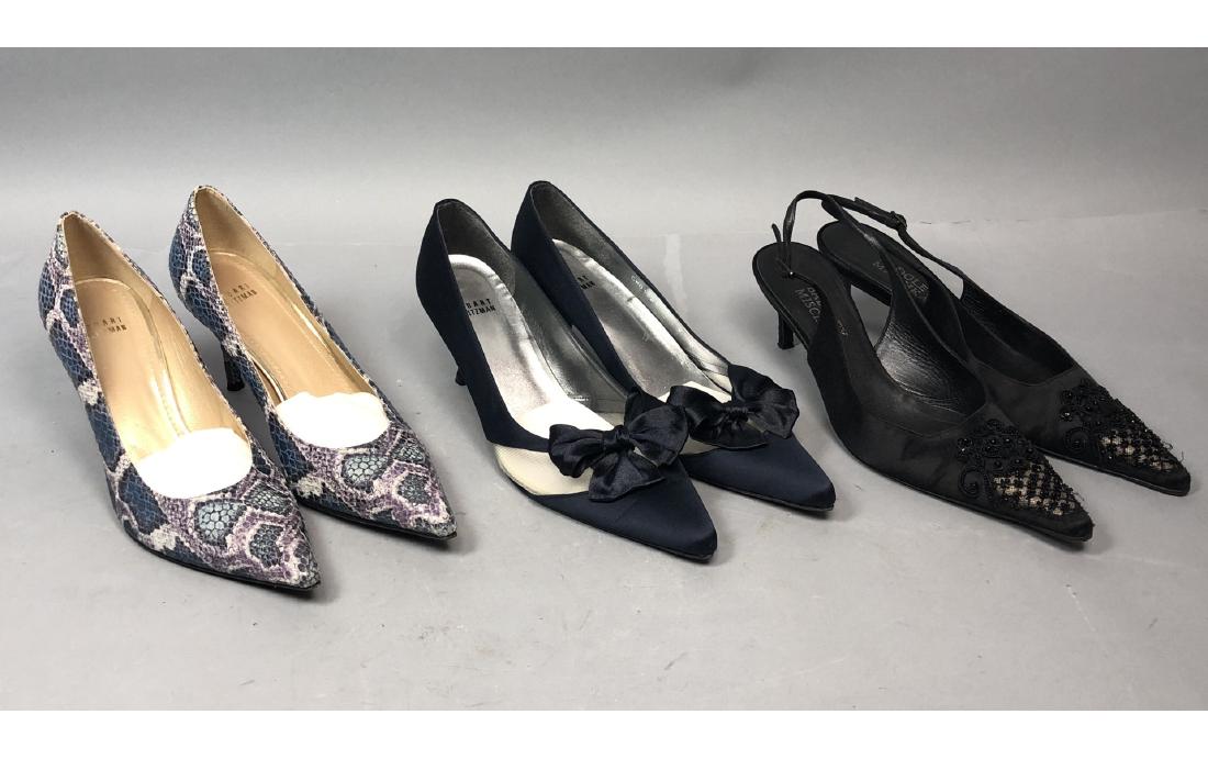 3 pr Designer Fashion Contemporary Ladies Shoes.: 3 pr Designer Fashion Contemporary Ladies Shoes. BADGLEY MISCHKA Sz 40 black satin beaded sling back. STUART WEITZMAN blue satin with bow sz 9M. STUART WEITZMAN faux lizard sz 9.5 M.-- Dimensions: ---