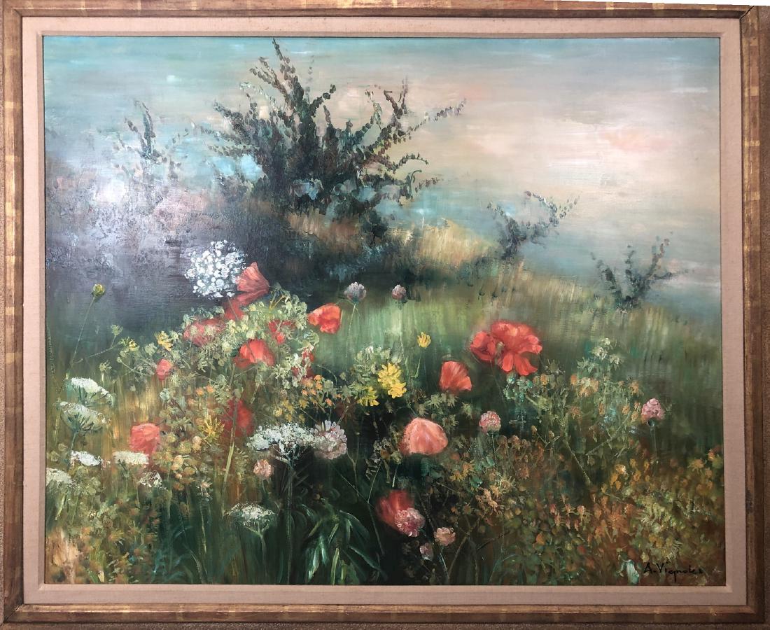 ANDRE VIGNOLES Lg Oil on Canvas Poppy Flower Fiel (1 of 8)