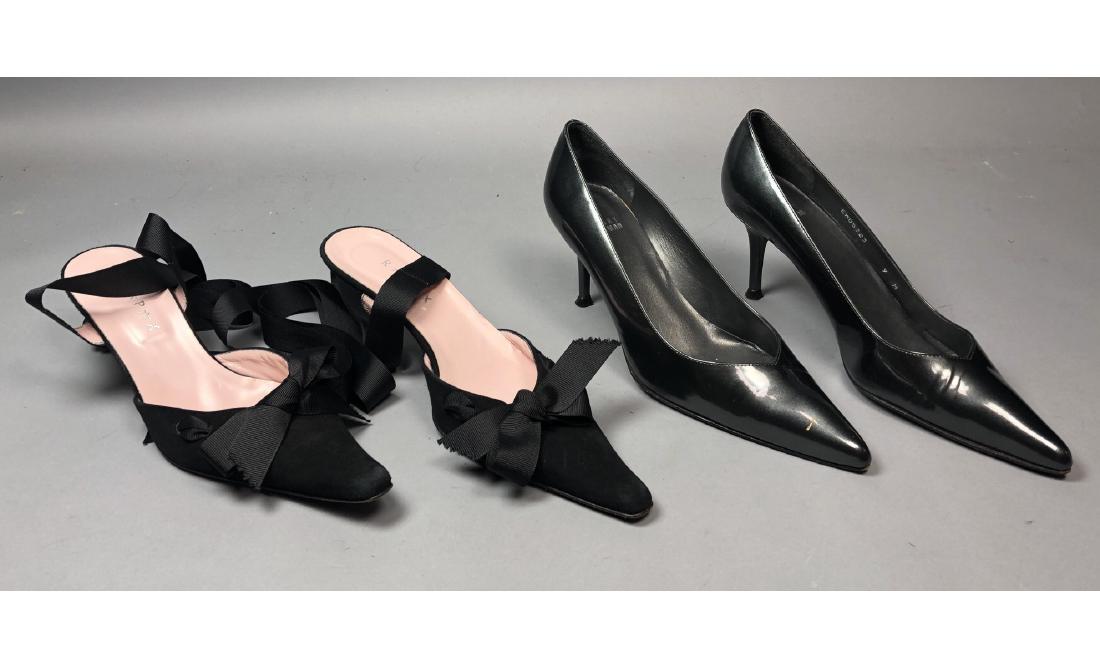 2 pr Ladies Pump Shoes. STUART WEITZMAN pewter me: 2 pr Ladies Pump Shoes. STUART WEITZMAN pewter metallic vinyl Vamp pumps with stiletto heels; sz 9M. RAPAX Black suede heels with grosgrain bow and up the calf ribbon; sz 39.5-- Dimensions: --- US Shi