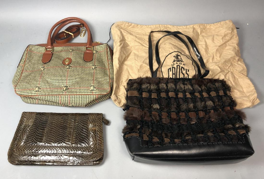 3 piece Fashion Hand Bag Purse Lot. 1) CROSS houn: 3 piece Fashion Hand Bag Purse Lot. 1) CROSS houndstooth fabric purse with brown leather handles, shoulder strap & trim. Leather interior. Mark Cross storage bag. 2) Brown snakeskin envelope clutch wi