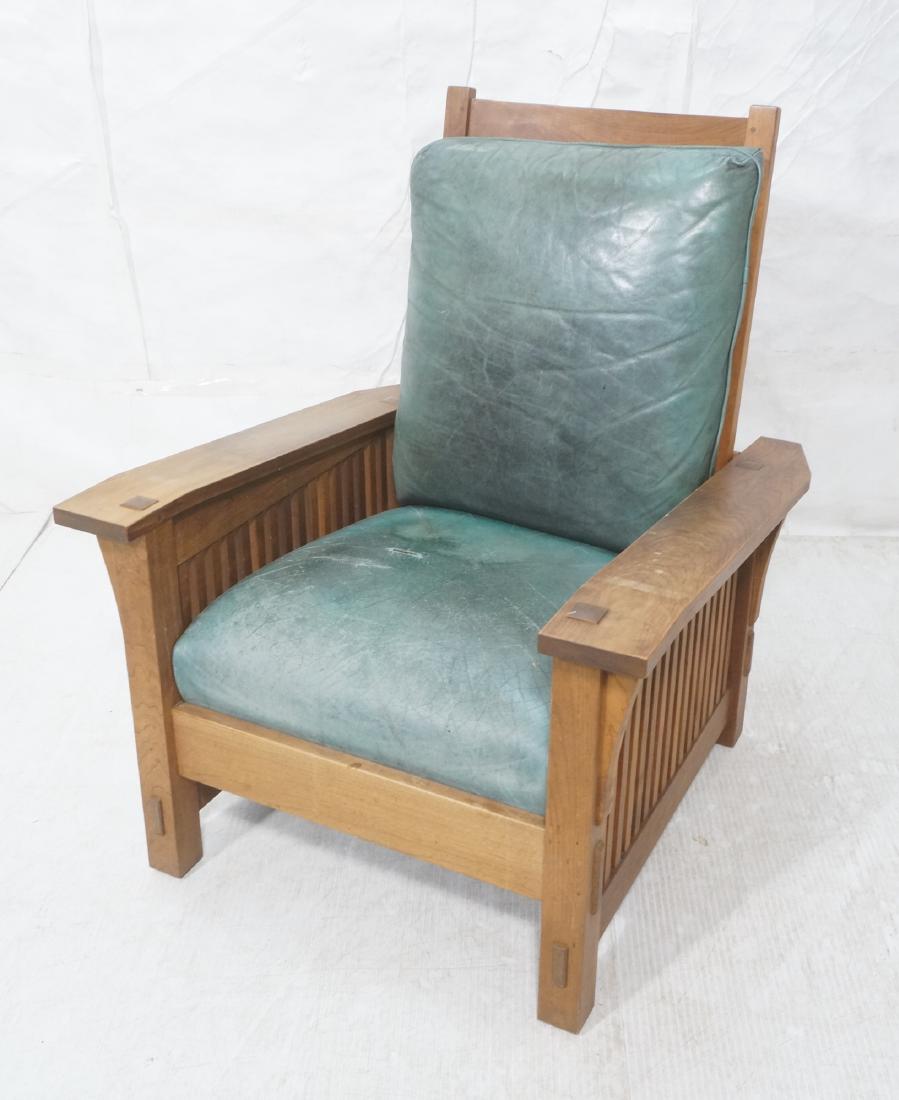 STICKLEY Morris Chair Oversized Arts & Crafts wit: STICKLEY Morris Chair Oversized Arts & Crafts with square spindle sides. Green leather upholstery. Branded mark with metal tag.-- Dimensions: H: 41 inches: W: 33 inches: D: 38 inches ---