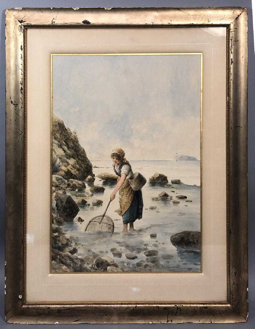 Antique 19C Watercolor Painting. Young woman with (1 of 9)