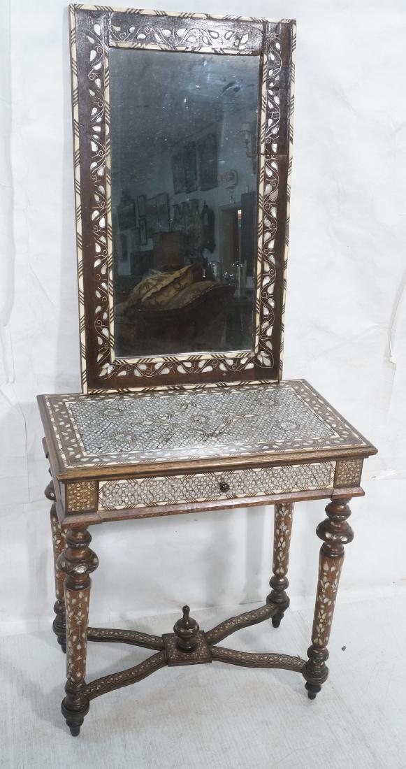 Moroccan Style Hall Table with Mirror. One drawer: Moroccan Style Hall Table with Mirror. One drawer. Overall inlaid with bone and mother of pearl. -- Dimensions: H: 31 inches: W: 29 inches: D: 17 inches ---