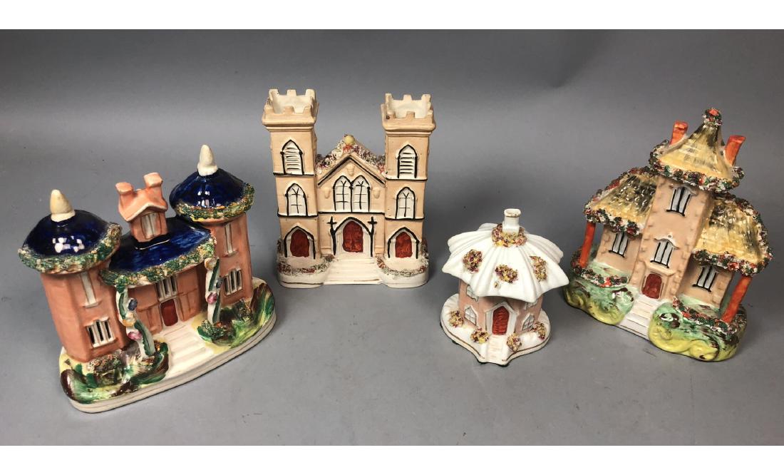 4pc Staffordshire England Building Figures. One c: 4pc Staffordshire England Building Figures. One church style spill vase with two open hollow towers. 2 fancy houses; porches with spaghetti porcelain floral details. Octagonal building form incense bu