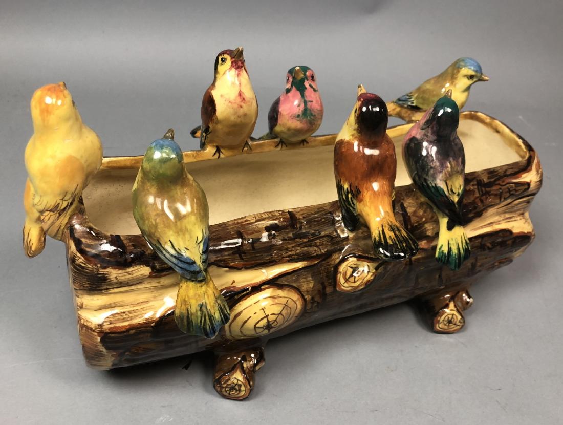 JEROME MASSIER Figural Birds Log Majolica Planter: JEROME MASSIER Figural Birds Log Majolica Planter. Large log form planter with 7 colorful birds. Marked Jerome Massier Vallauris France. -- Dimensions: H: 8 inches: W: 14.5 inches: D: 7.5 inches ---