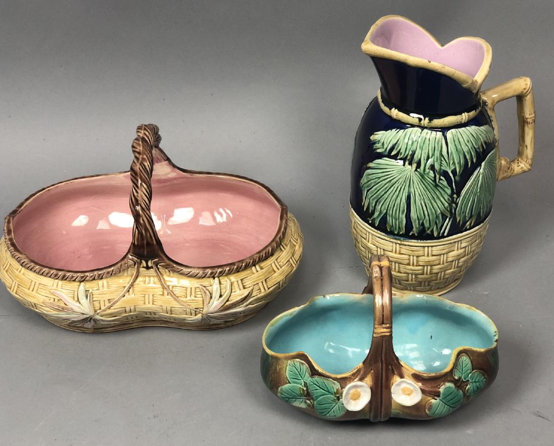 3pc Majolica Tin Glaze Baskets, Pitcher. Basket w (1 of 8)