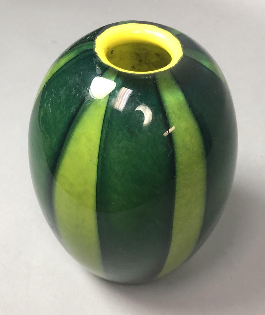 Signed Heavy Modernist Art Glass Vase. Striped wa: Signed Heavy Modernist Art Glass Vase. Striped watermelon form glass with yellow lip & interior. Marked.-- Dimensions: H: 8.75 inches: W: 6 inches: D: 6 inches ---