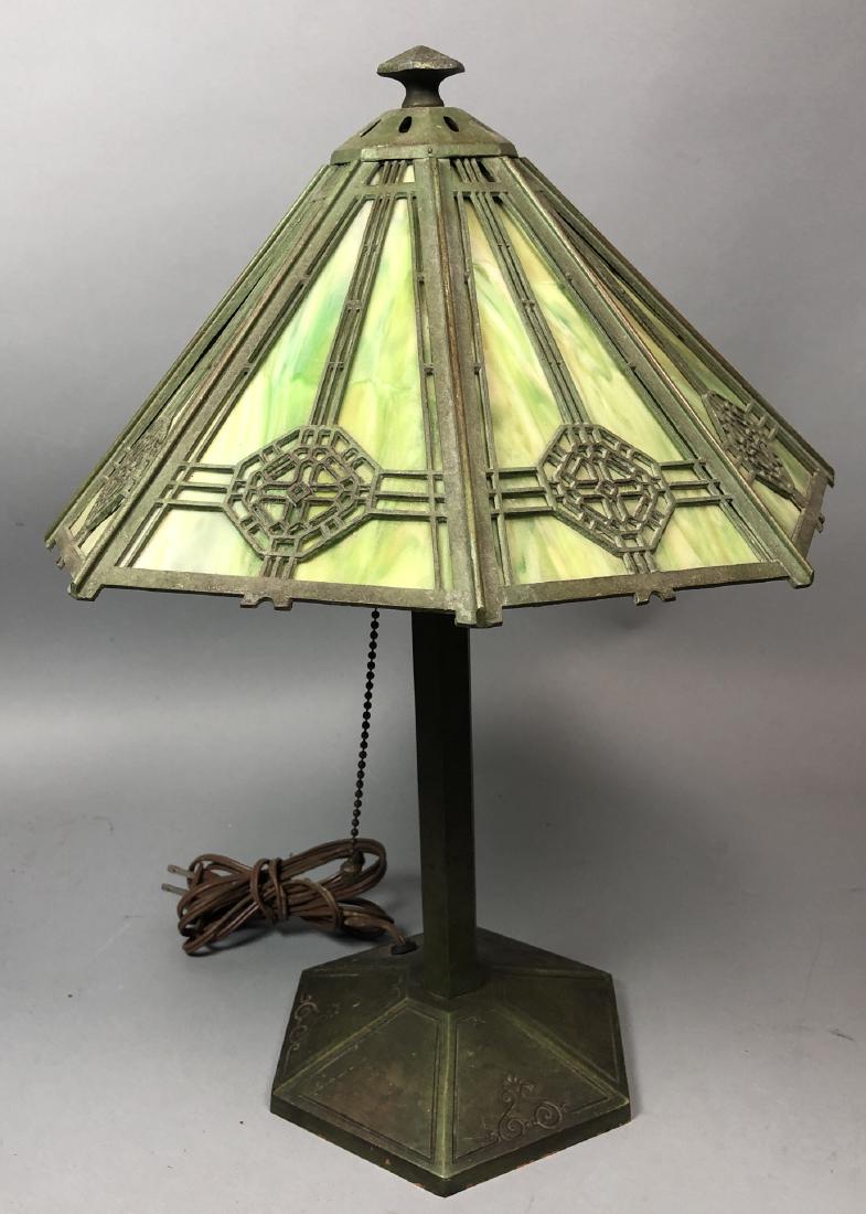 Green Slag Glass Vintage Metal Table Lamp. Octago (1 of 10)