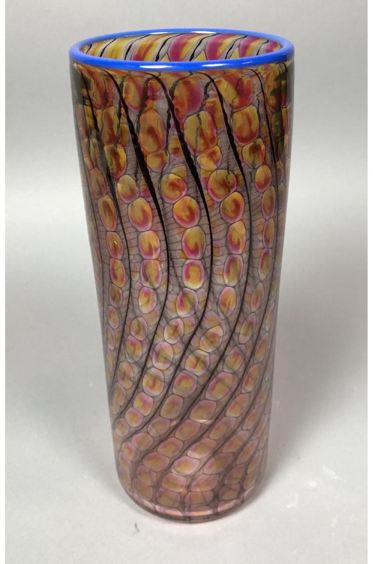 Tall Cylindrical Art Glass Vase. Internal Net Pat: Tall Cylindrical Art Glass Vase. Internal Net Pattern. Rich blue lip. Not marked.-- Dimensions: H: 11.5 inches: W: 4.25 inches: D: 4.25 inches --- US Shipping charge: $50