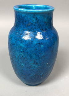 Raoul Lachenal Rich Turquoise Glazed Pottery Vas: Raoul Lachenal Rich Turquoise Glazed Pottery Vase. Thick volcanic glaze on simple form. Marked. -- Dimensions: H: 8.25 inches: W: 5 inches: D: 5 inches --- US Shipping charge: $35