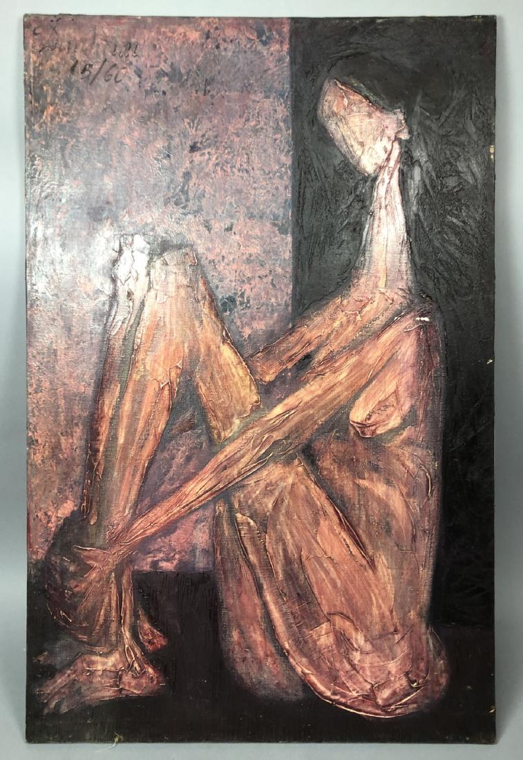 Jacques Dunham Modernist Portrait Painting. Seate: Jacques Dunham Modernist Portrait Painting. Seated Nude Female against black ground. Signed Dunham & dated 5/15/1960. Jacques Ralph Dunham. He was a man of the mid century design movement. Born in Par