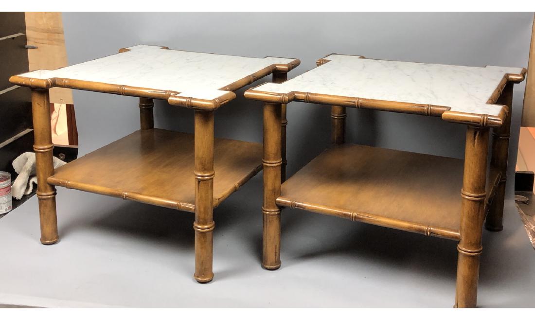 Pr Marble Top Faux Bamboo Side Tables. Thick "Bam (1 of 9)