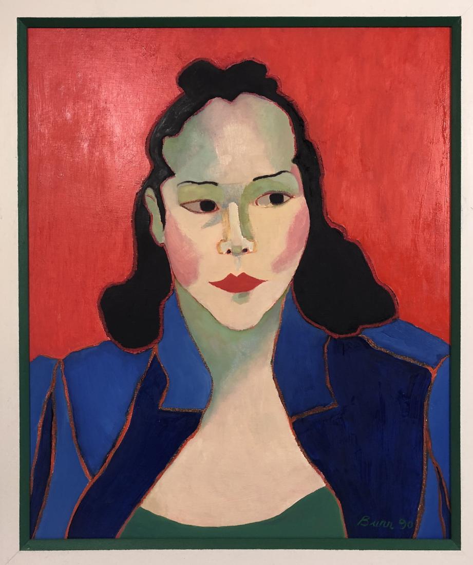 MARY BURR "YUKI WITH BLUE COAT" Signed lower righ: MARY BURR "YUKI WITH BLUE COAT" Signed lower right - Oil on masonite - Framed and matted - 23 1/2 x 19 1/2 in. (sight) - PROVENANCE: Carmel Art Association-- Dimensions: ---