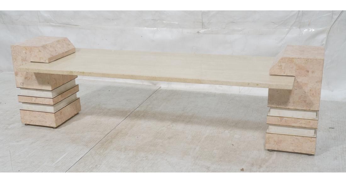 Travertine Decorator Cream and Pink Coffee Table.: Travertine Decorator Cream and Pink Coffee Table. Modernist MEMPHIS style. Brass trim details.-- Dimensions: H: 16.5 inches: W: 56 inches: D: 18 inches ---
