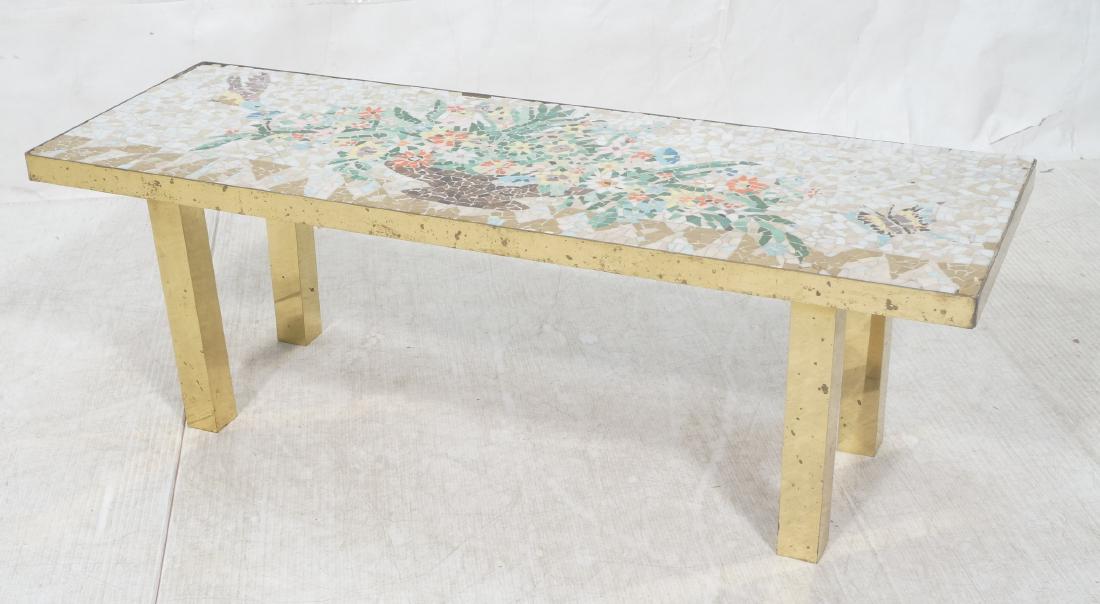Modernist Mosaic Top Coffee Table. Brass Legs. Fl: Modernist Mosaic Top Coffee Table. Brass Legs. Floral design. -- Dimensions: H: 16 inches: W: 48 inches: D: 16.25 inches ---