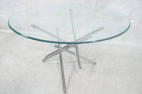 THEODORE WADDELL Glass Top Italian Designer Chrom: THEODORE WADDELL Glass Top Italian Designer Chrome Dining Table. Beveled glass top. Architectural chrome steel and cable base. Turn base sideways to make low table.-- Dimensions: H: 28 inches: W: 54 i