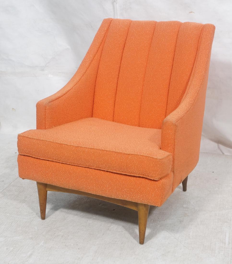 CARSONS Orange Channel Back Lounge Chair. Tall ba: CARSONS Orange Channel Back Lounge Chair. Tall back chair with modernist sloped arms. Walnut tapered peg legs. Marked. -- Dimensions: H: 32.5 inches: W: 27 inches: D: 31 inches ---