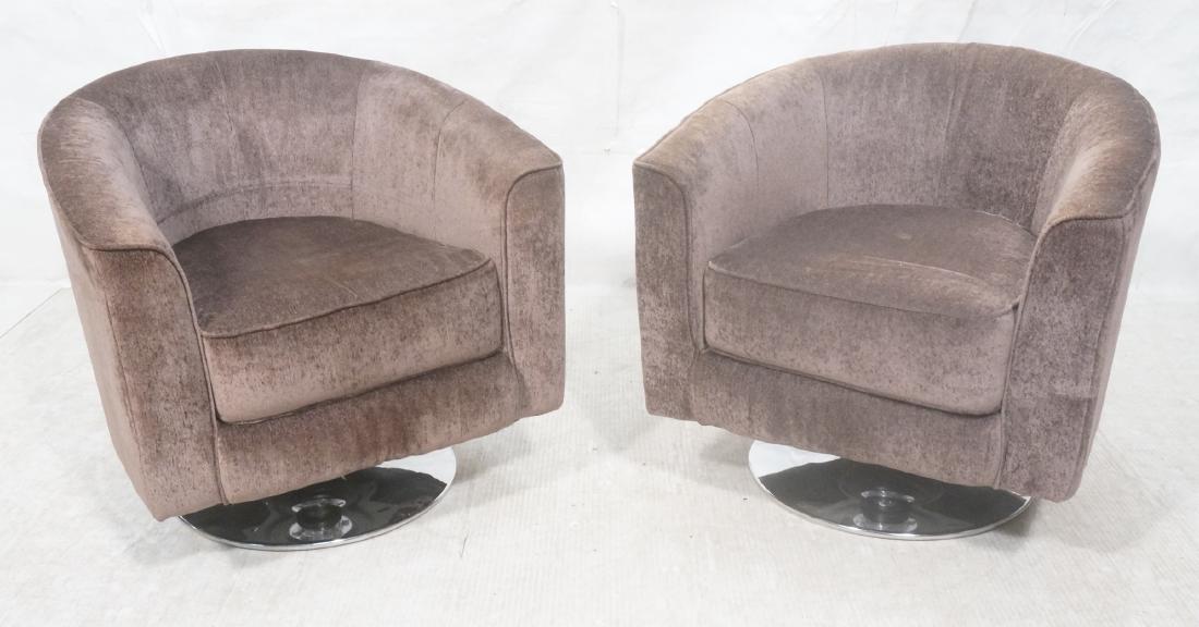 Pr Swivel Modernist Barrel Back Lounge Chairs. Li: Pr Swivel Modernist Barrel Back Lounge Chairs. Light brown chenille fabric swivel chair. Newer manufacture.-- Dimensions: H: 29 inches: W: 30.5 inches: D: 29.5 inches ---