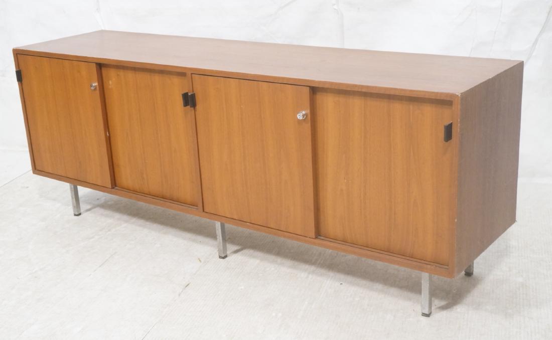 KNOLL American Modern Walnut Credenza Cabinet. Sl: KNOLL American Modern Walnut Credenza Cabinet. Sliding fronts with leather handles. Square tube chrome legs.-- Dimensions: H: 27.5 inches: W: 72 inches: D: 18 inches ---