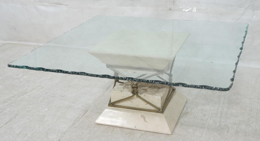 Contemp Terrazzo Travertine Glass Cocktail Table.: Contemp Terrazzo Travertine Glass Cocktail Table. Square glass top with deliberate chip edge frame. 2 part travertine base with gilt iron knotted central element.-- Dimensions: H: 16.5 inches: W: 38 i