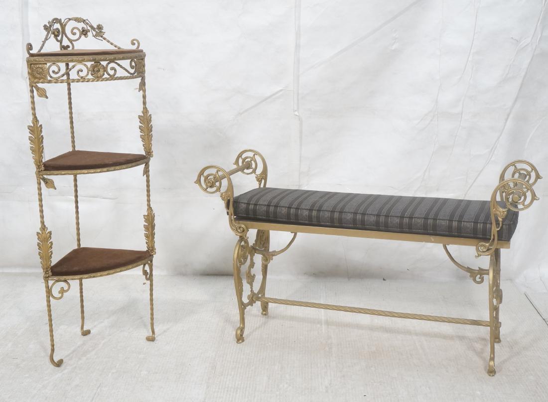 2pc Fancy Gilt Metal Upholstered Bench & Corner S (1 of 13)